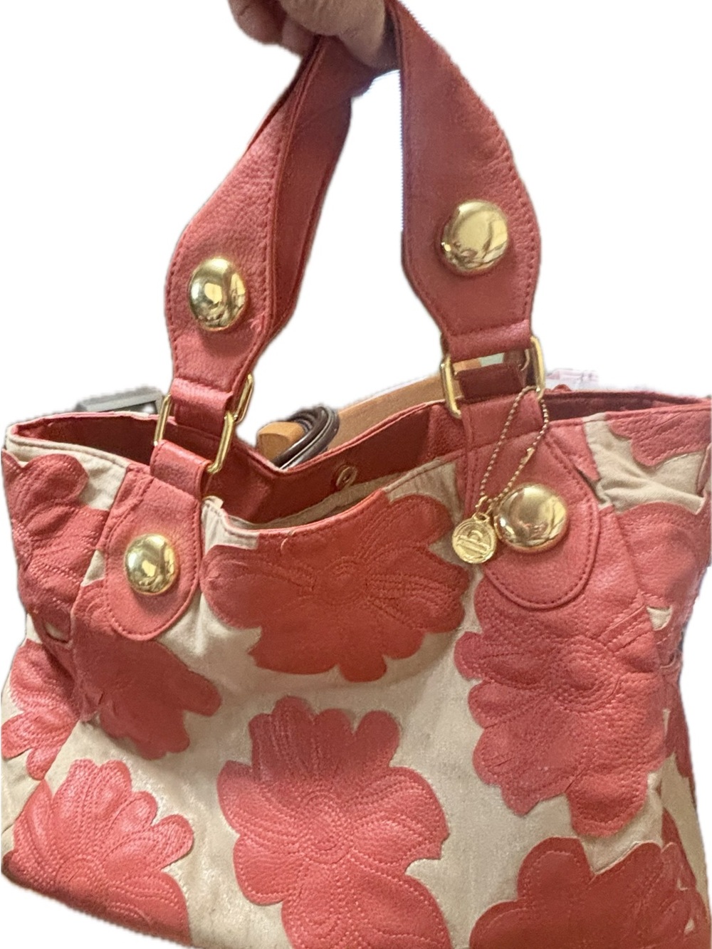 Big Buddha Coral and Cream Floral Appliqué Tote